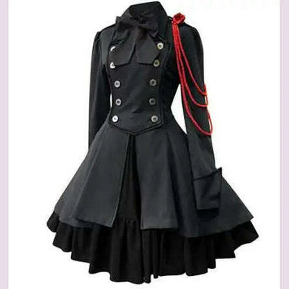 Medieval Cosplay Costumes Retro Gothic Lace Up Chain Bow Lolita Maid Dress Long Sleeves Ruffle Classic Slim Knee Sweet Dress