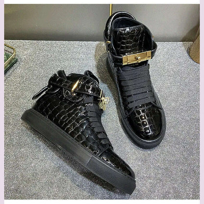 Men Embossed Crocodile High Top Sneakers Lock Lace Red Flats Real Leather Designer Boots Men‘s Casual Shoes