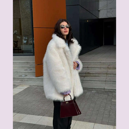 Mid-Length Women's Fur Coat Suit Collar Loose Imitation Fox Fur Plush Coats Warm Soft Thickened Winter Socialite Fur Overcoat