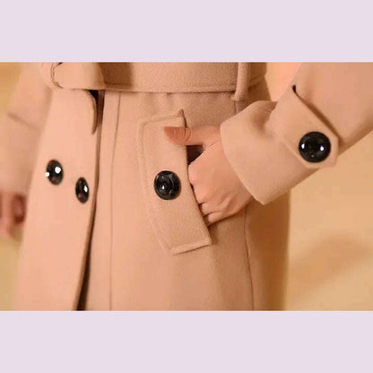 Mid Length Wool Coats Women Fur Collar Splice Blends Korean Full Sleeve Double Breasted Lace Up Belt Thick Warm Winter Jackets