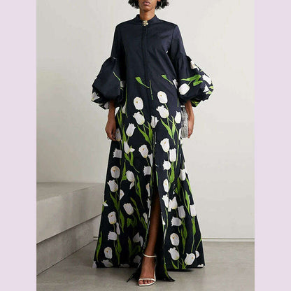 Missuoo 2024 Autumn New Floral Printed Floor Length Dress Stand Collar Puff Sleeves Buttoned Loose Dresses Casual Outerwears