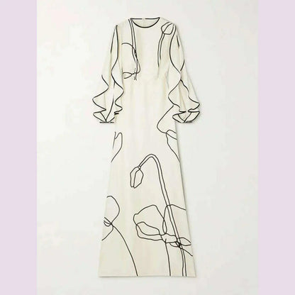 Missuoo Women's White Floral Printed Maxi Dress Round Neck Long Sleeves High Waist Pleated Dress Ladies Elegant Evening Dresses