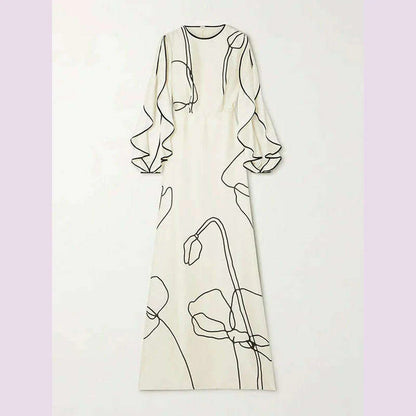 Missuoo Women's White Floral Printed Maxi Dress Round Neck Long Sleeves High Waist Pleated Dress Ladies Elegant Evening Dresses