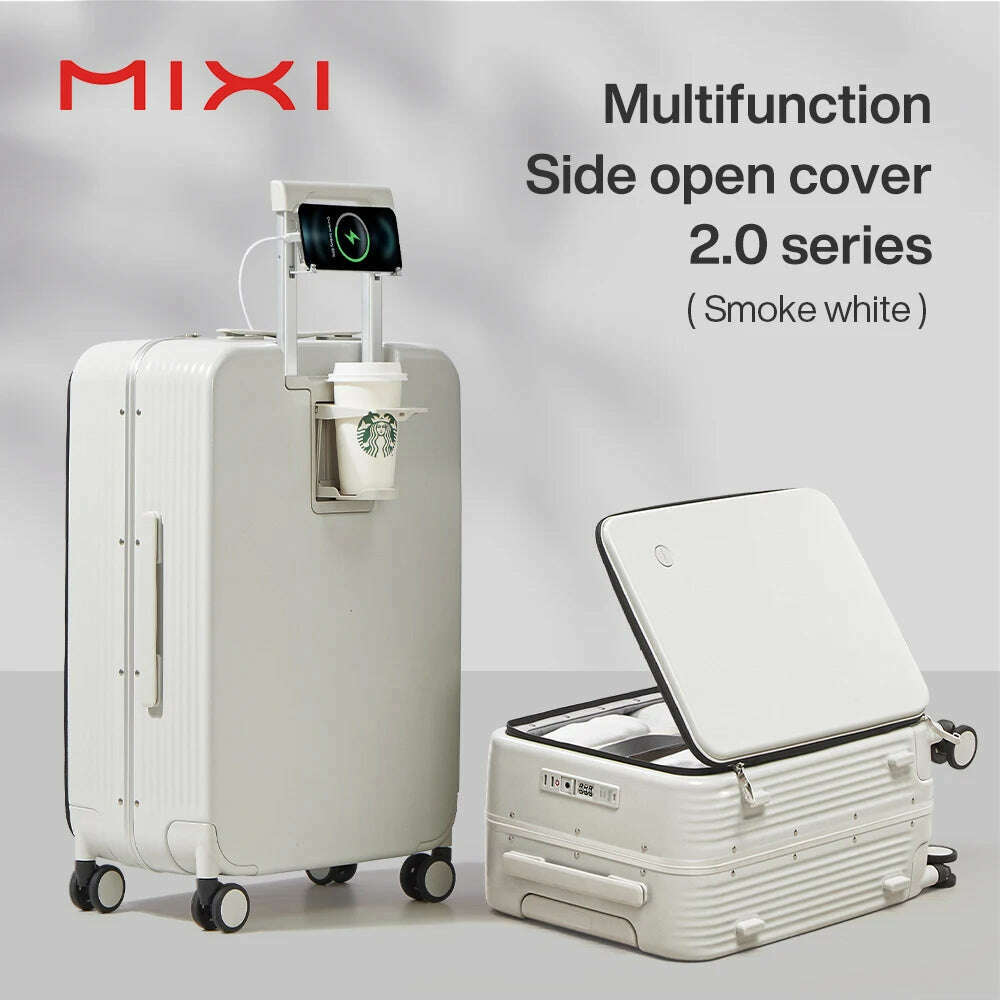 Mixi New Aluminum Frame Suitcase Carry On Rolling Luggage with USB Port Boarding Cabin Cup and Phone Holder 20 24 Inch