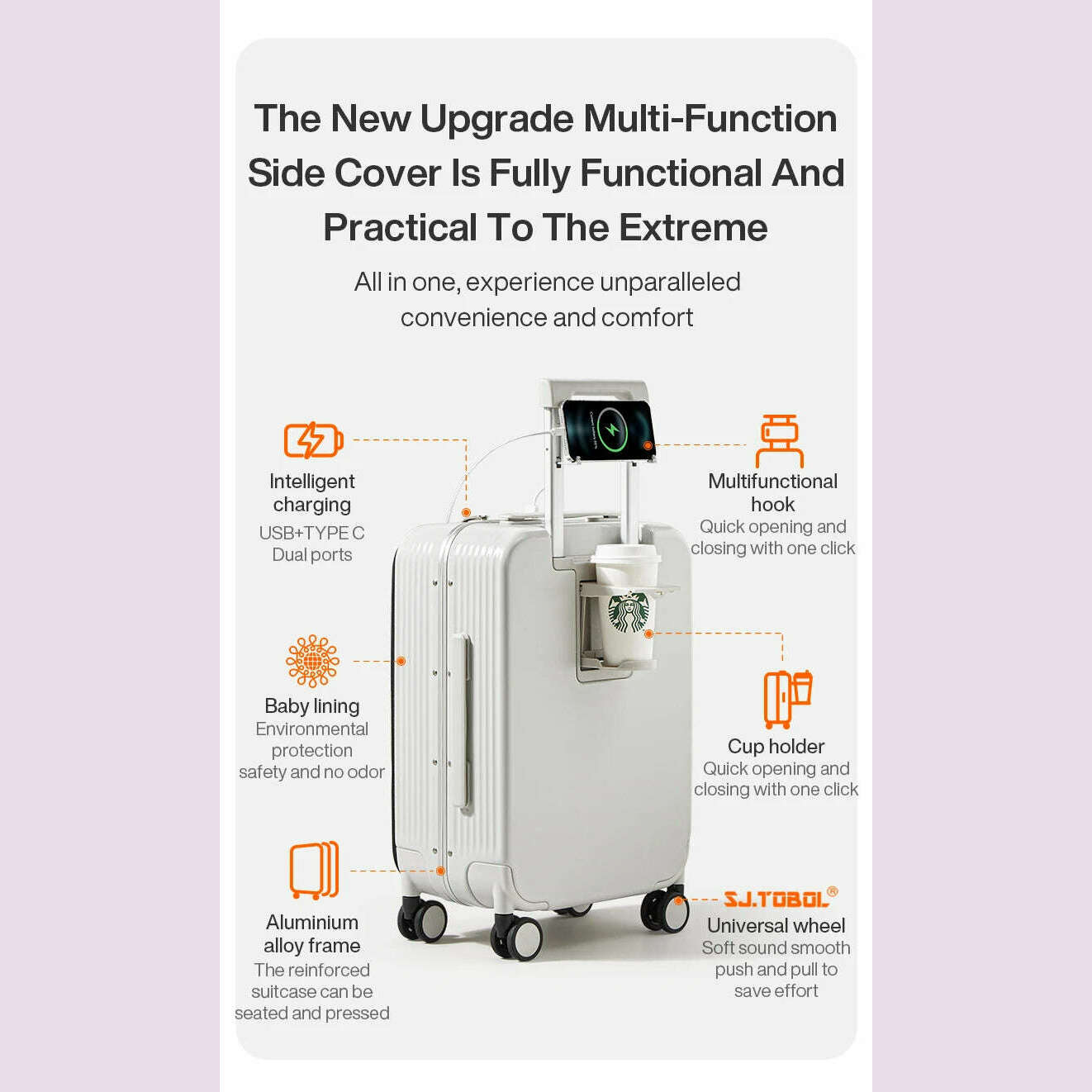 Mixi New Aluminum Frame Suitcase Carry On Rolling Luggage with USB Port Boarding Cabin Cup and Phone Holder 20 24 Inch