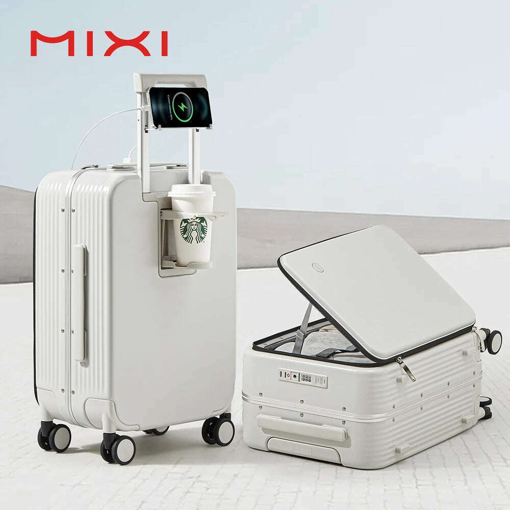 Mixi New Aluminum Frame Suitcase Carry On Rolling Luggage with USB Port Boarding Cabin Cup and Phone Holder 20 24 Inch