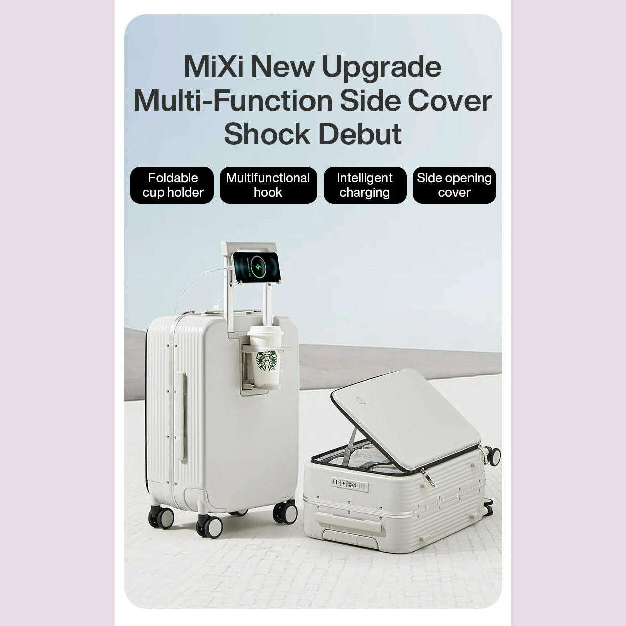 Mixi New Aluminum Frame Suitcase Carry On Rolling Luggage with USB Port Boarding Cabin Cup and Phone Holder 20 24 Inch