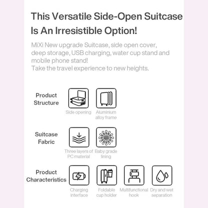 Mixi New Aluminum Frame Suitcase Carry On Rolling Luggage with USB Port Boarding Cabin Cup and Phone Holder 20 24 Inch