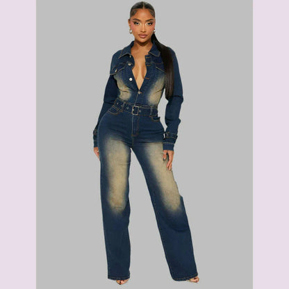 Mlaiscsr Stretch Denim One Piece Jumpsuits with Belt Women Clothes Winter Long Sleeve Lapel Washed Jean Romper Birthday Overalls