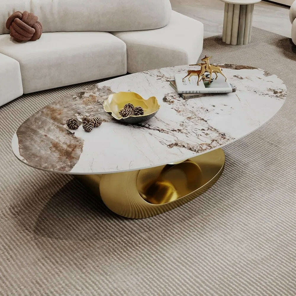 Modern Oval Stone Coffee Table with Gold Metal Base - Elegant Centerpiece for Stylish Living Rooms - 55.1" Lx31.5 Wx16 H