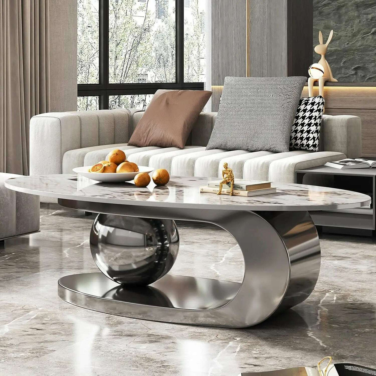Modern Oval Stone Coffee Table with Gold Metal Base - Elegant Centerpiece for Stylish Living Rooms - 55.1" Lx31.5 Wx16 H