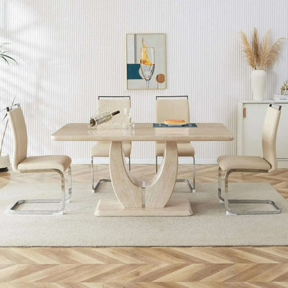 Modern Wooden Dining Table Set for6,Rectangula Kitchen Table Set with Faux Marble Tabletop＆6 Pu Leather Upholstered Chairs Ideal
