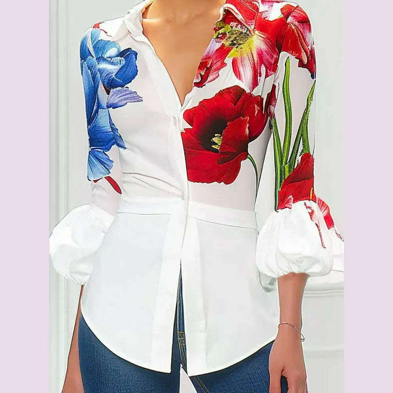 Modigirl 2025 Women's Spring Summer Urban Shirts Puff Sleeves Buttoned Lapel Office Work Casual Woman Flower Print Blouses Tops