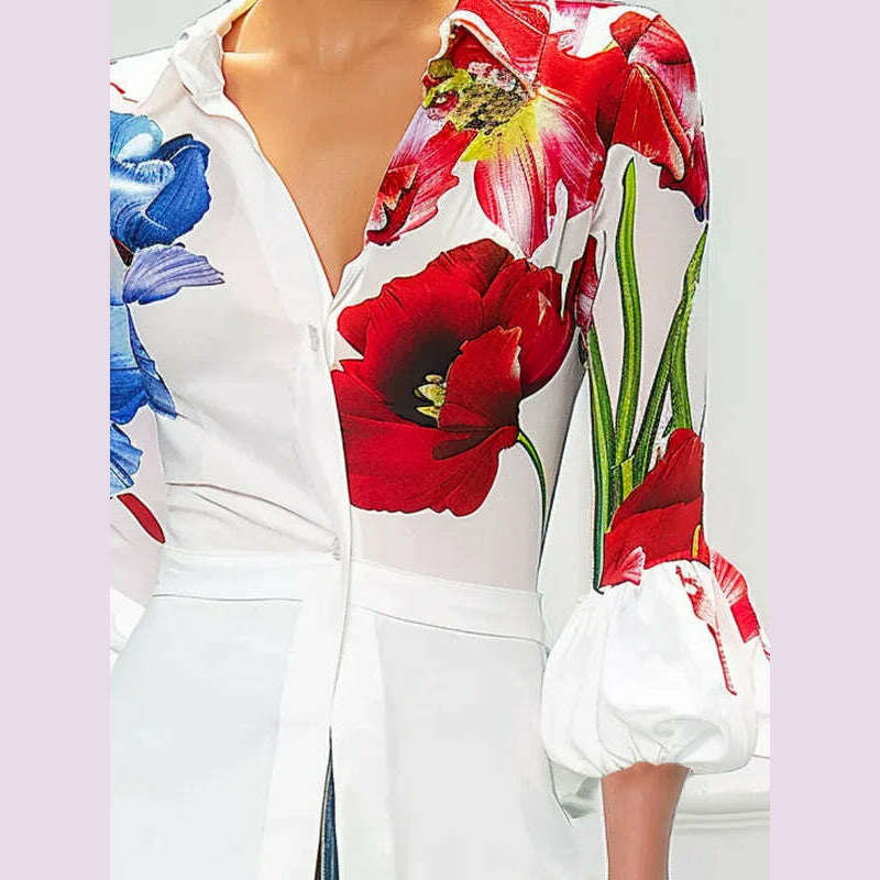 Modigirl 2025 Women's Spring Summer Urban Shirts Puff Sleeves Buttoned Lapel Office Work Casual Woman Flower Print Blouses Tops