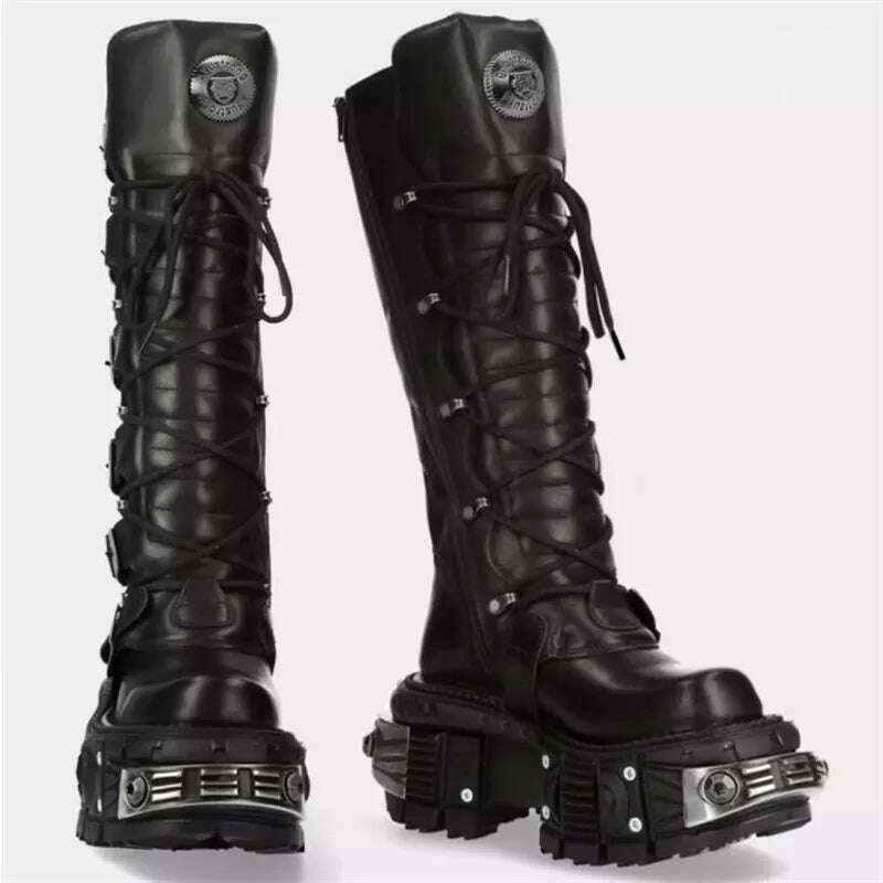 Motorcycle Rock Boots For Man Lacing Up Men Black Punk Boot