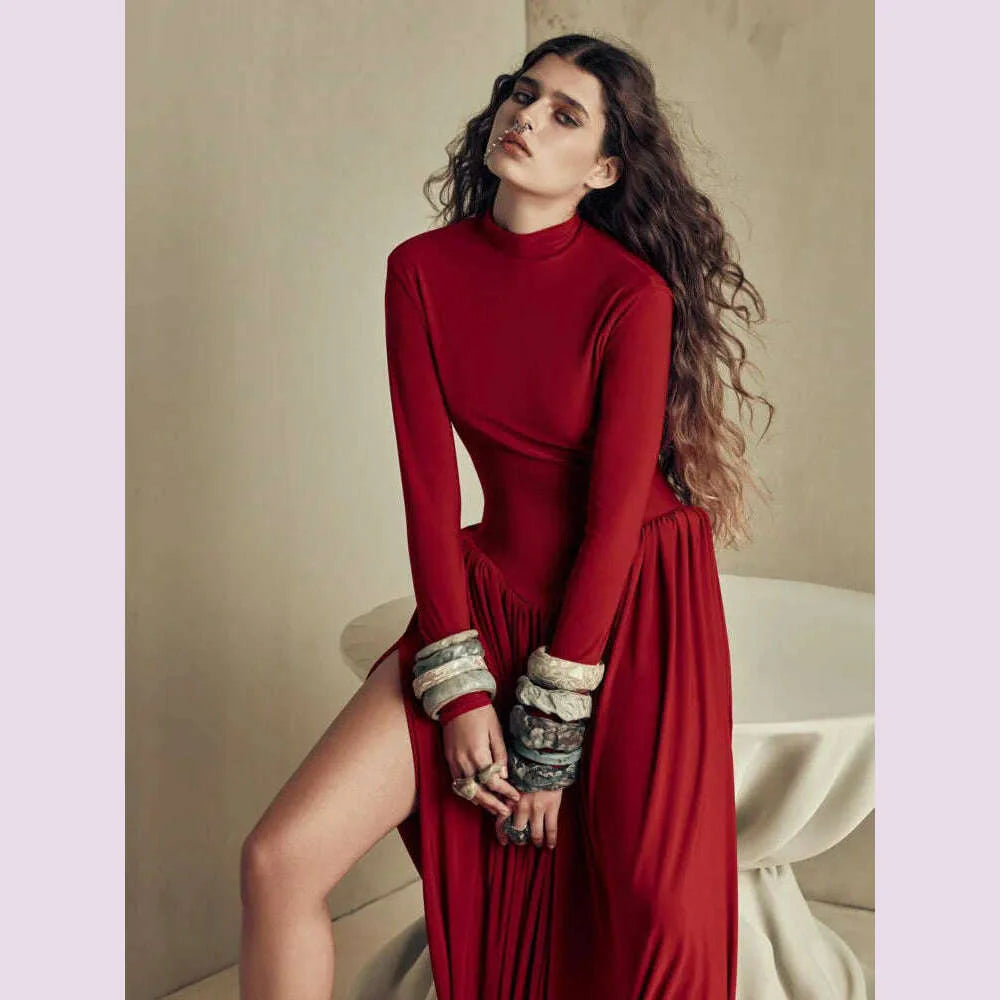Mozision Backless O-neck Pleated Thigh Slit Long Sleeveless Autumn Winter Red Sexy Maxi Dress For Women High Waist  Slim Dress