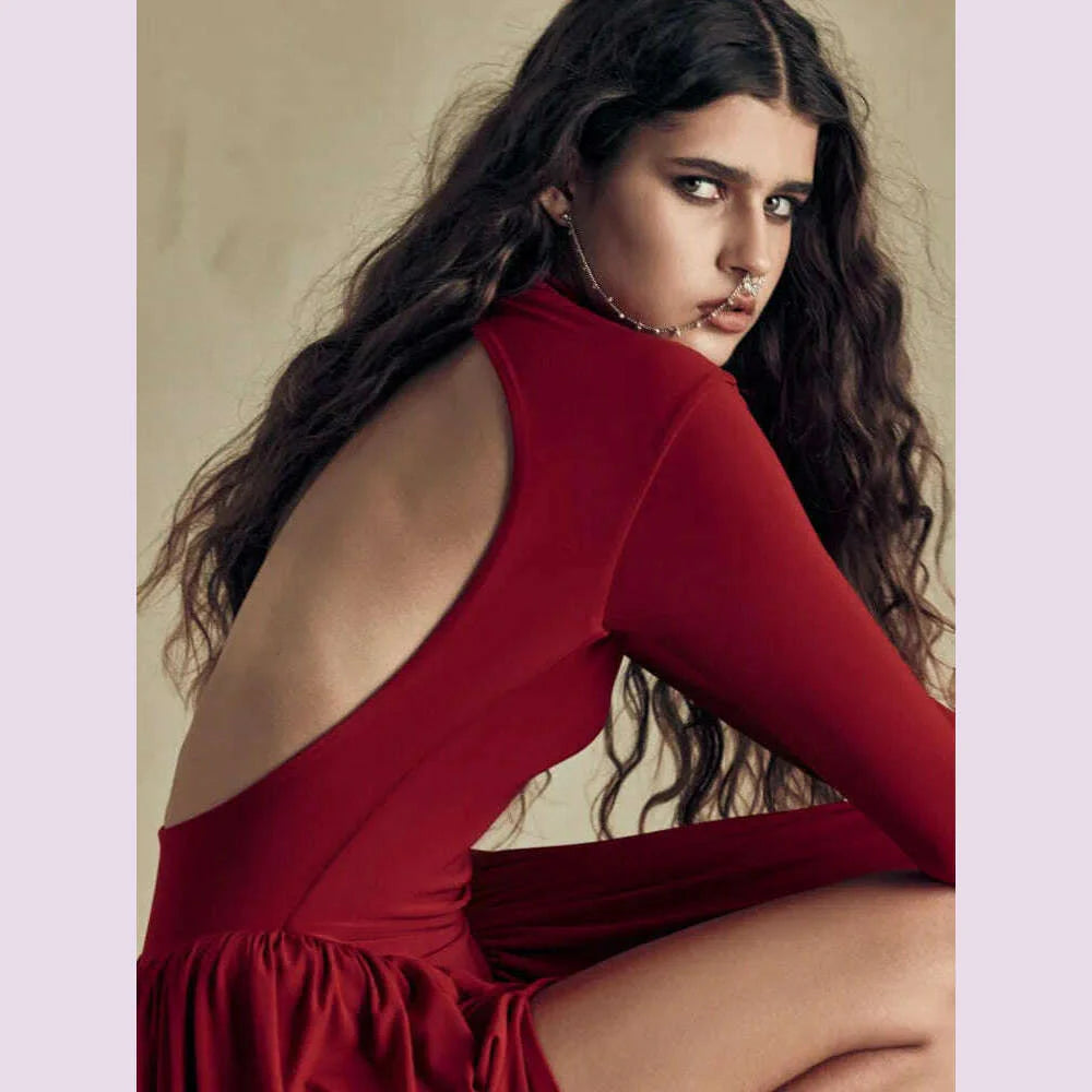 Mozision Backless O-neck Pleated Thigh Slit Long Sleeveless Autumn Winter Red Sexy Maxi Dress For Women High Waist  Slim Dress