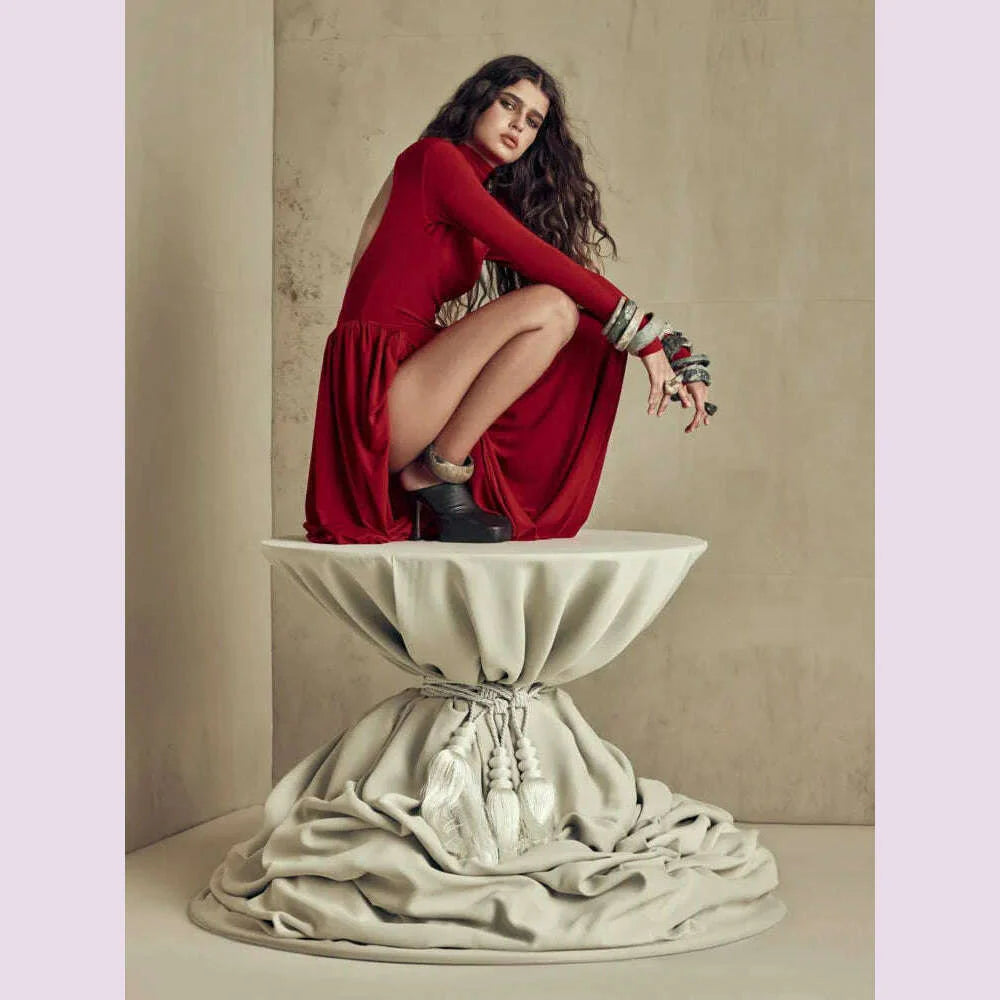 Mozision Backless O-neck Pleated Thigh Slit Long Sleeveless Autumn Winter Red Sexy Maxi Dress For Women High Waist  Slim Dress