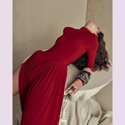 Mozision Backless O-neck Pleated Thigh Slit Long Sleeveless Autumn Winter Red Sexy Maxi Dress For Women High Waist  Slim Dress