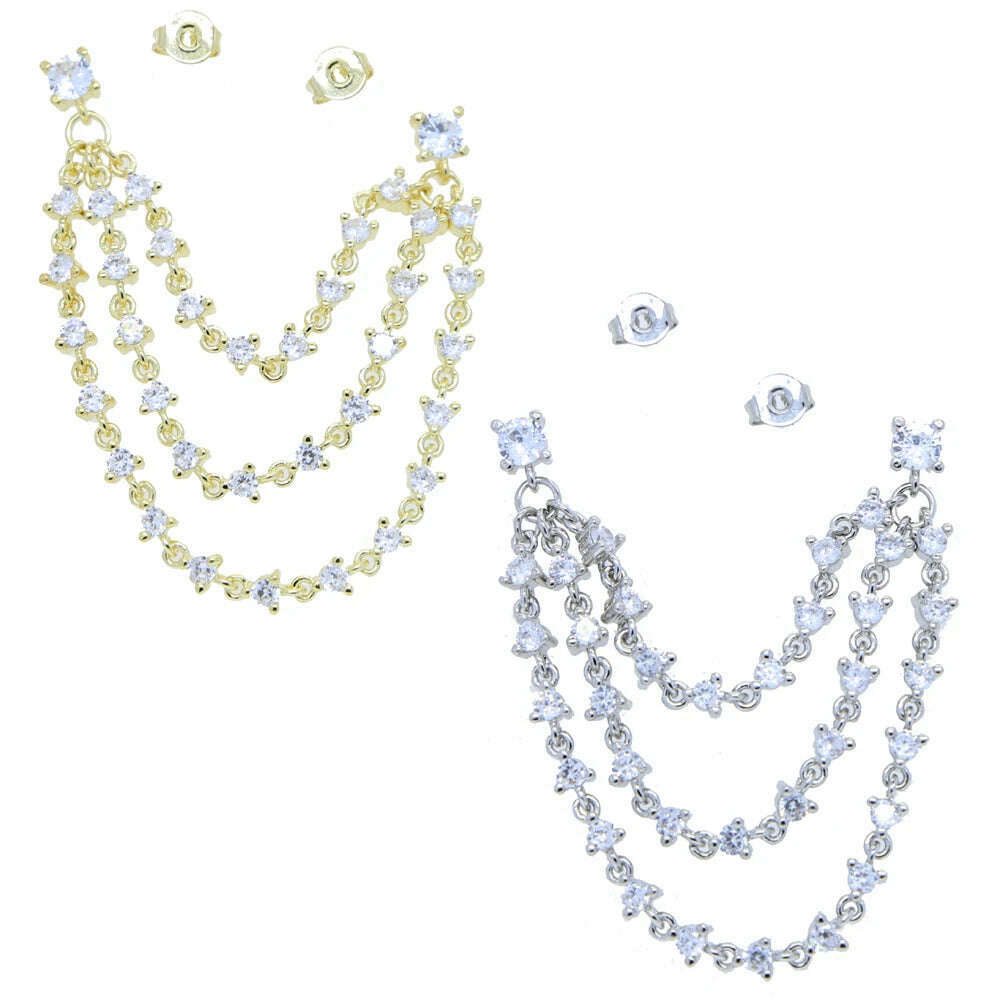 Multi Piercing Luxury Fashion Women Earring Iced Out Bling Sparking 5A CZ Station Long Tassel Chain 1pc Romantic Vermeil Jewelry