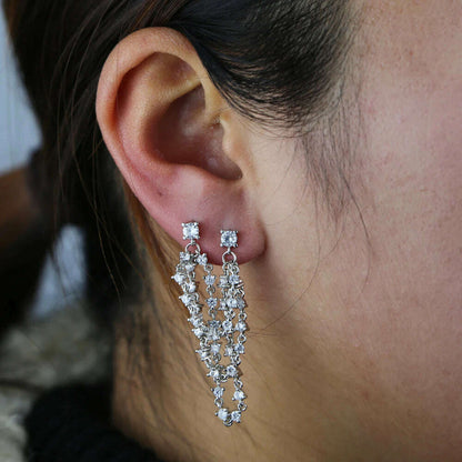 Multi Piercing Luxury Fashion Women Earring Iced Out Bling Sparking 5A CZ Station Long Tassel Chain 1pc Romantic Vermeil Jewelry