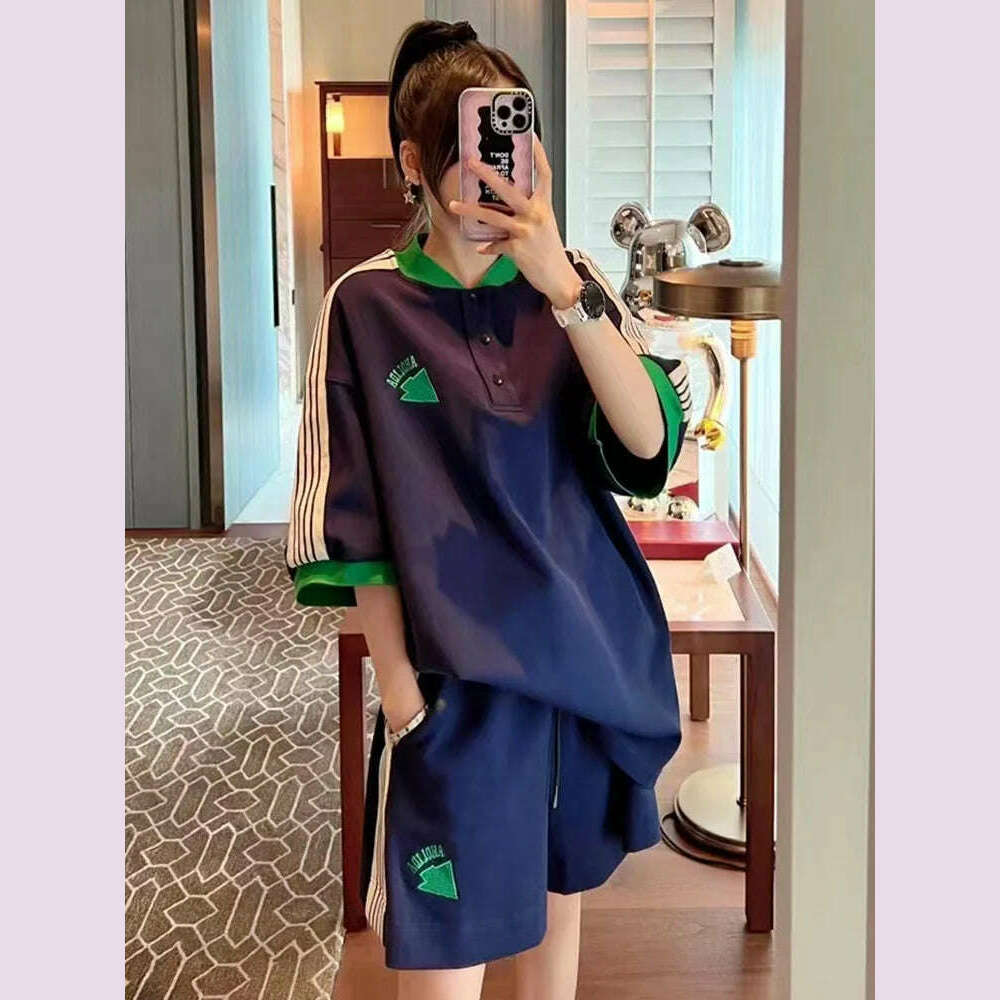 Navy Loose Side Patch Streetwear Tracksuit Summer Shirts Shorts Pants Embroidery Two Piece Sets Womens Outifits Harajuku Casual