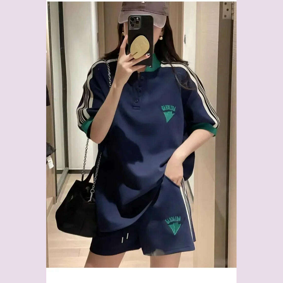 Navy Loose Side Patch Streetwear Tracksuit Summer Shirts Shorts Pants Embroidery Two Piece Sets Womens Outifits Harajuku Casual