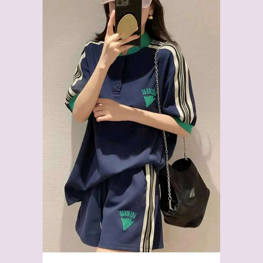 Navy Loose Side Patch Streetwear Tracksuit Summer Shirts Shorts Pants Embroidery Two Piece Sets Womens Outifits Harajuku Casual