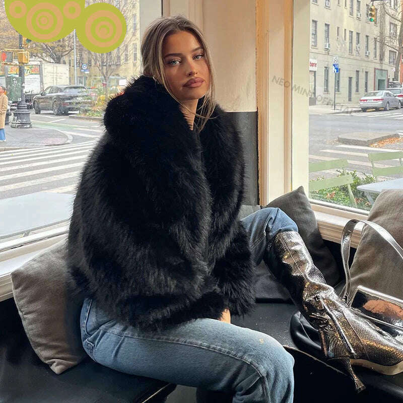Neo Mint Street Fashion Shawl Collar Faux Fox Fur Coat Women 2024 Winter Cool Girls Black Short Fur Jacket Vintage Chic Overcoat