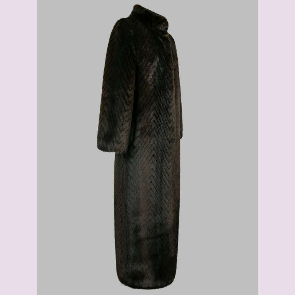Nerazzurri Winter Extra Long Thick Warm Luxury Elegant Striped Fluffy Faux Mink Fur Coat Women Stand Collar Maxi Overcoat 2022