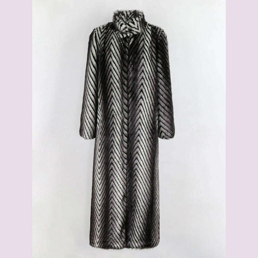 Nerazzurri Winter Extra Long Thick Warm Luxury Elegant Striped Fluffy Faux Mink Fur Coat Women Stand Collar Maxi Overcoat 2022