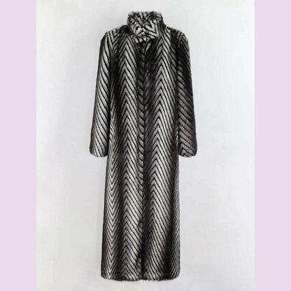 Nerazzurri Winter Extra Long Thick Warm Luxury Elegant Striped Fluffy Faux Mink Fur Coat Women Stand Collar Maxi Overcoat 2022