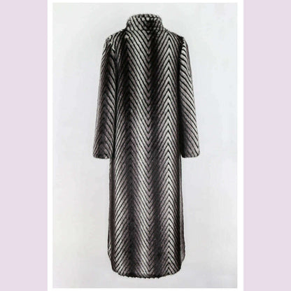 Nerazzurri Winter Extra Long Thick Warm Luxury Elegant Striped Fluffy Faux Mink Fur Coat Women Stand Collar Maxi Overcoat 2022