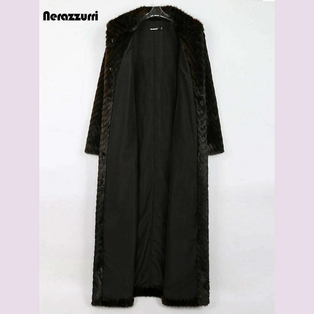 Nerazzurri Winter Extra Long Thick Warm Luxury Elegant Striped Fluffy Faux Mink Fur Coat Women Stand Collar Maxi Overcoat 2022