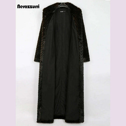 Nerazzurri Winter Extra Long Thick Warm Luxury Elegant Striped Fluffy Faux Mink Fur Coat Women Stand Collar Maxi Overcoat 2022