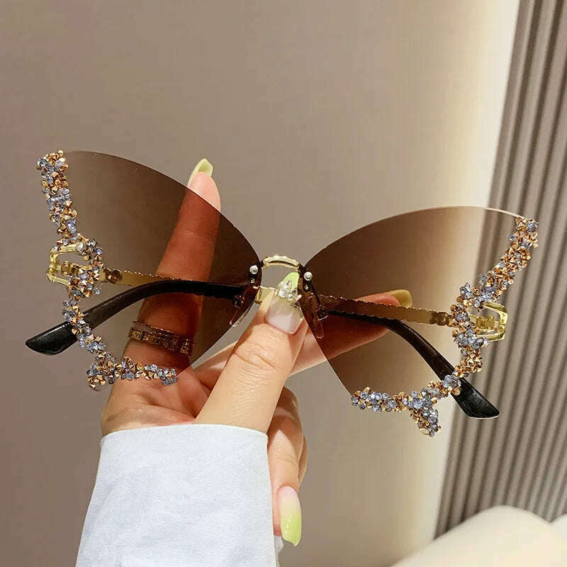 New butterfly shape diamond rimless fashion sunglasses personality exaggerated cool tide men and women models sunglasses