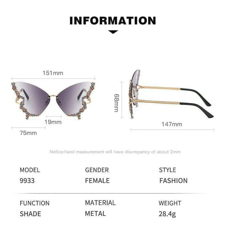 New butterfly shape diamond rimless fashion sunglasses personality exaggerated cool tide men and women models sunglasses