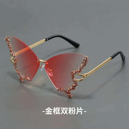 New butterfly shape diamond rimless fashion sunglasses personality exaggerated cool tide men and women models sunglasses