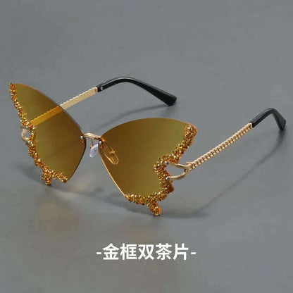 New butterfly shape diamond rimless fashion sunglasses personality exaggerated cool tide men and women models sunglasses