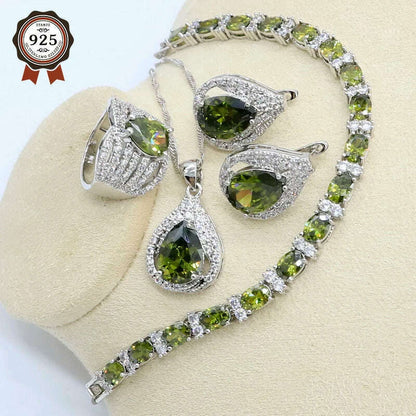 New Green Peridot Zircon Silver 925 Jewelry Set Women Bracelet Earrings Necklace Pendant Ring Birthday Gift