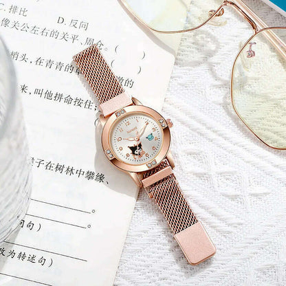 New Hello Kitty Diamond Watches Women Cat Bow Kawaii Pink Ladies Gold Sliver Metal Jewelry Cartoon Magnetic Watch Girls