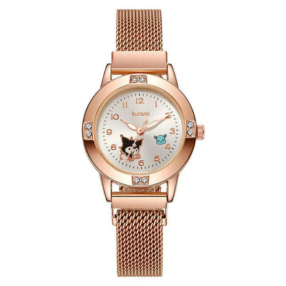 New Hello Kitty Diamond Watches Women Cat Bow Kawaii Pink Ladies Gold Sliver Metal Jewelry Cartoon Magnetic Watch Girls