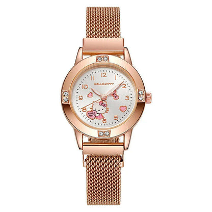 New Hello Kitty Diamond Watches Women Cat Bow Kawaii Pink Ladies Gold Sliver Metal Jewelry Cartoon Magnetic Watch Girls
