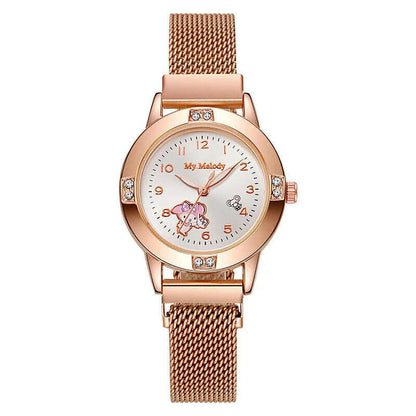 New Hello Kitty Diamond Watches Women Cat Bow Kawaii Pink Ladies Gold Sliver Metal Jewelry Cartoon Magnetic Watch Girls