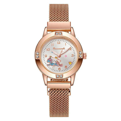 New Hello Kitty Diamond Watches Women Cat Bow Kawaii Pink Ladies Gold Sliver Metal Jewelry Cartoon Magnetic Watch Girls