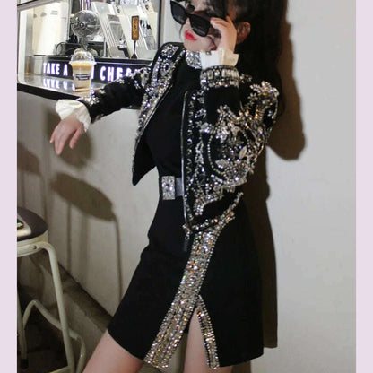 New Luxury Handmade Diamonds Vintage Jacket Women Elegant Party Fashion Black Short Coat Office Ladies Autumn Designer Jackets