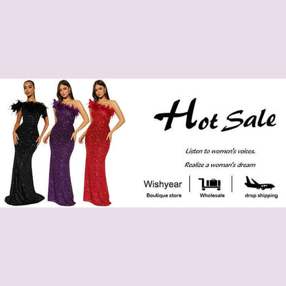 New Luxury Sequined Feather One Shoulder Sleeveless Slanted Collar Backless Purple Long Dress  Women Birthday Party Event Gowns
