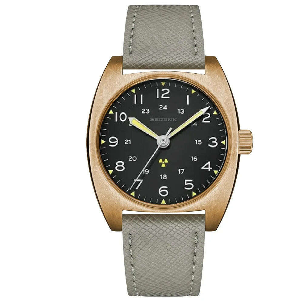 NEW Seizenn W10 WW2 Field Watch Retro Arrow Pilot Watch Men Mechanical Manual Hand Wind Luminous Merkur CUSN8 Bronze Turtle Case