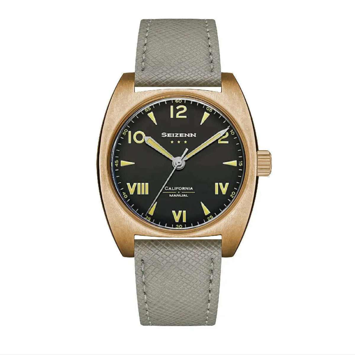 NEW Seizenn W10 WW2 Field Watch Retro Arrow Pilot Watch Men Mechanical Manual Hand Wind Luminous Merkur CUSN8 Bronze Turtle Case