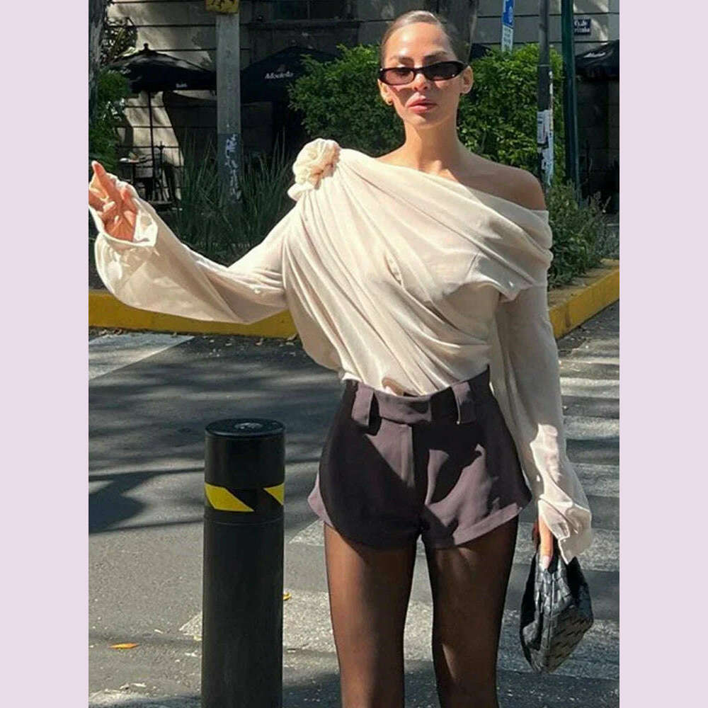 New Slope Shoulder Blouse Asymmetric  Cropped Blouse Apricot  Pile Up Shirts Women Top Autumn New Elegant Fashiin Blouse